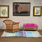1:12 Dollhouse miniature cane rattan armchair and stool tropical cerise