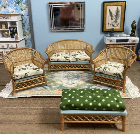 1:16 Dollhouse cane rattan living room set sofa armchairs stool floral beige