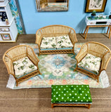 1:16 Dollhouse cane rattan living room set sofa armchairs stool floral beige