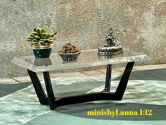 1:12 Dollhouse miniature Art Deco coffee table black beveled glass effect top