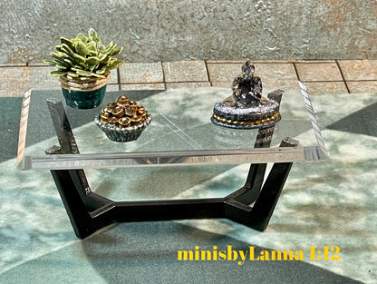 1:12 Dollhouse miniature Art Deco coffee table black beveled glass effect top
