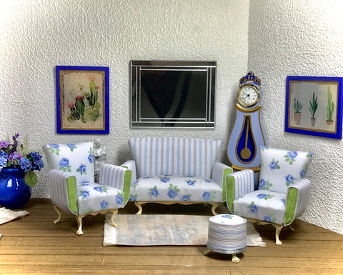 1:12 Dollhouse miniature living room set sofa and two armchairs - Blue Roses