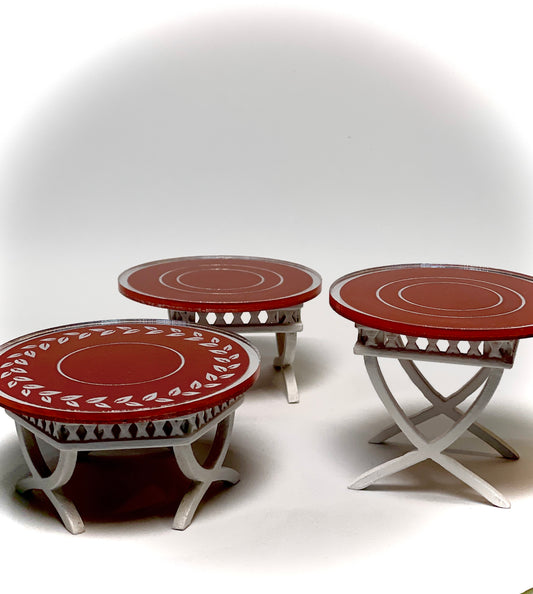 1:12 Dollhouse pearl  cane rattan side table set (3) magenta etched mirror round tops