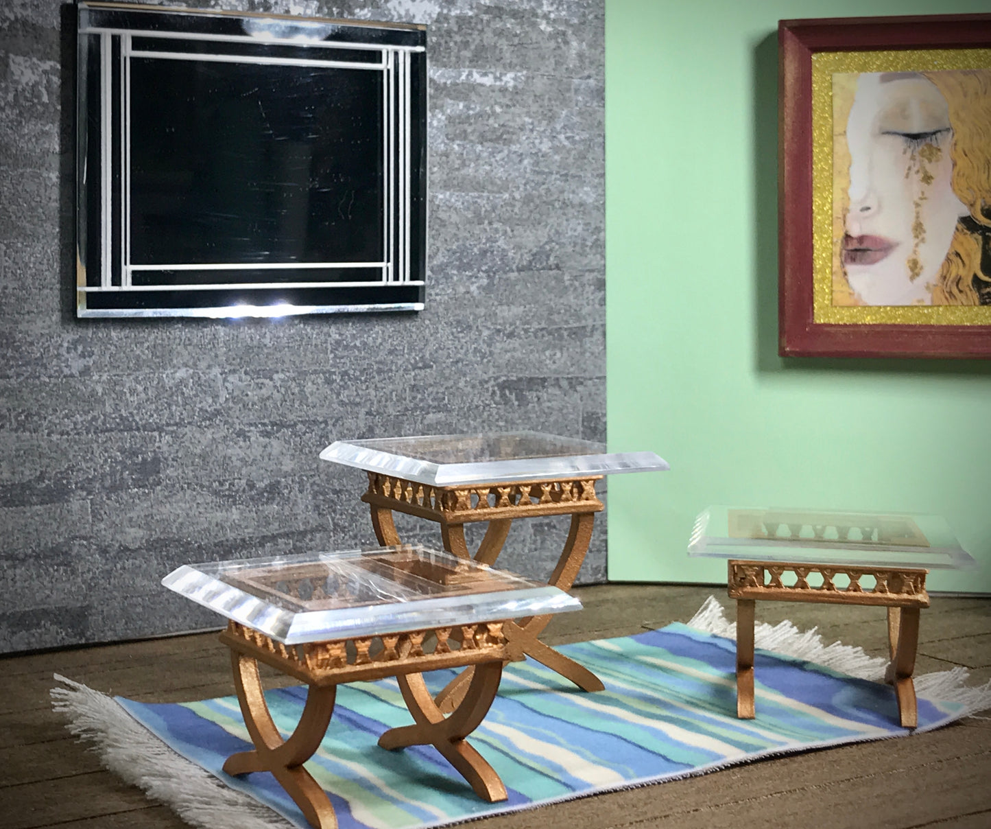 1:12 Dollhouse cane rattan side table set (3) beveled glass effect top