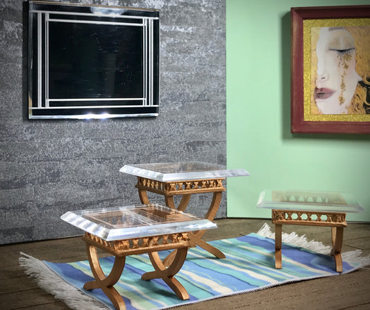 1:12 Dollhouse cane rattan side table set (3) beveled glass effect top