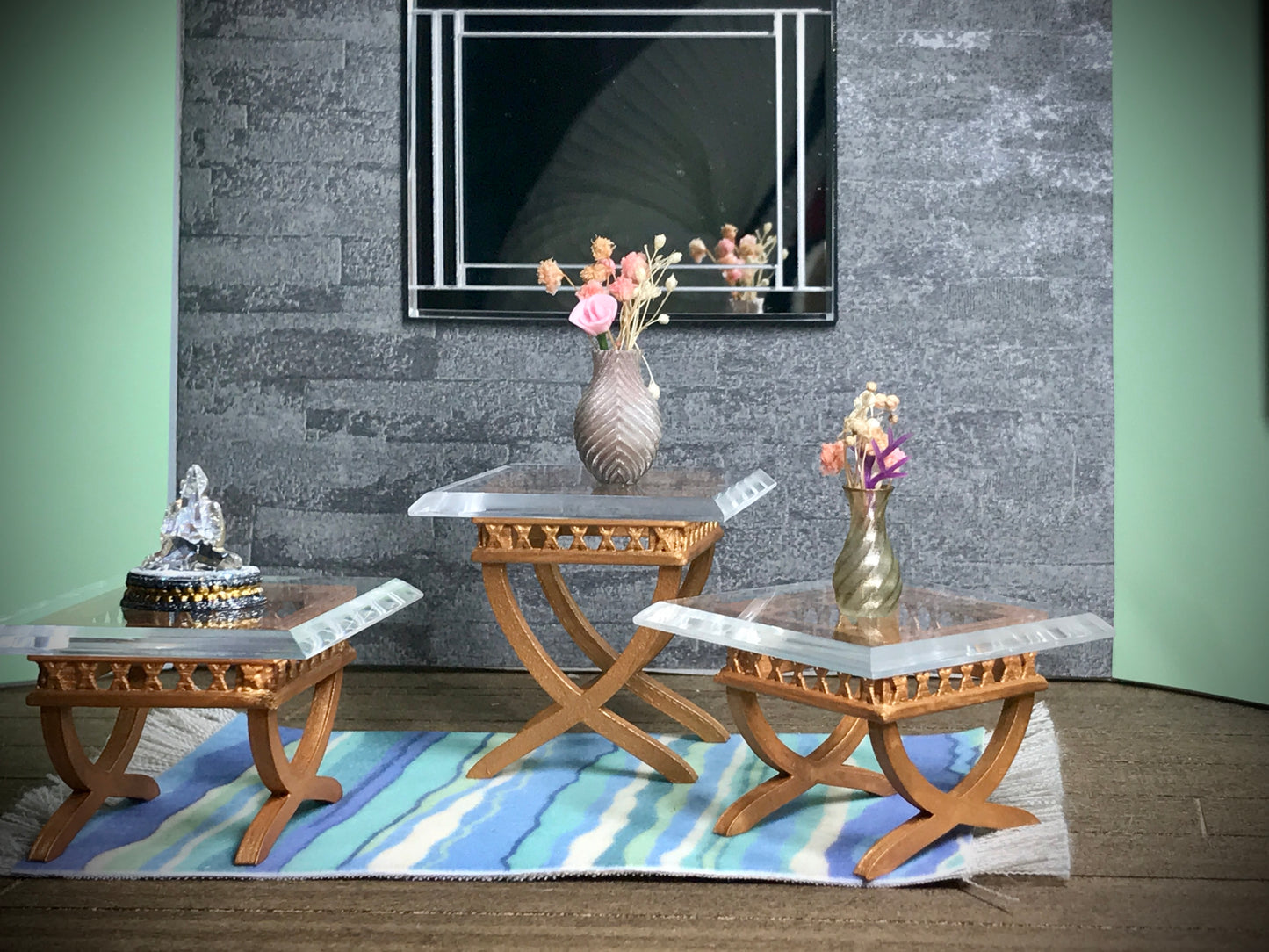 1:12 Dollhouse cane rattan side table set (3) beveled glass effect top