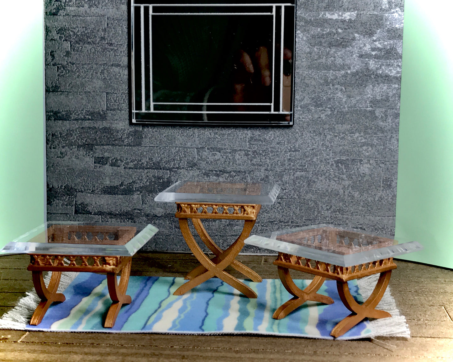 1:12 Dollhouse cane rattan side table set (3) beveled glass effect top