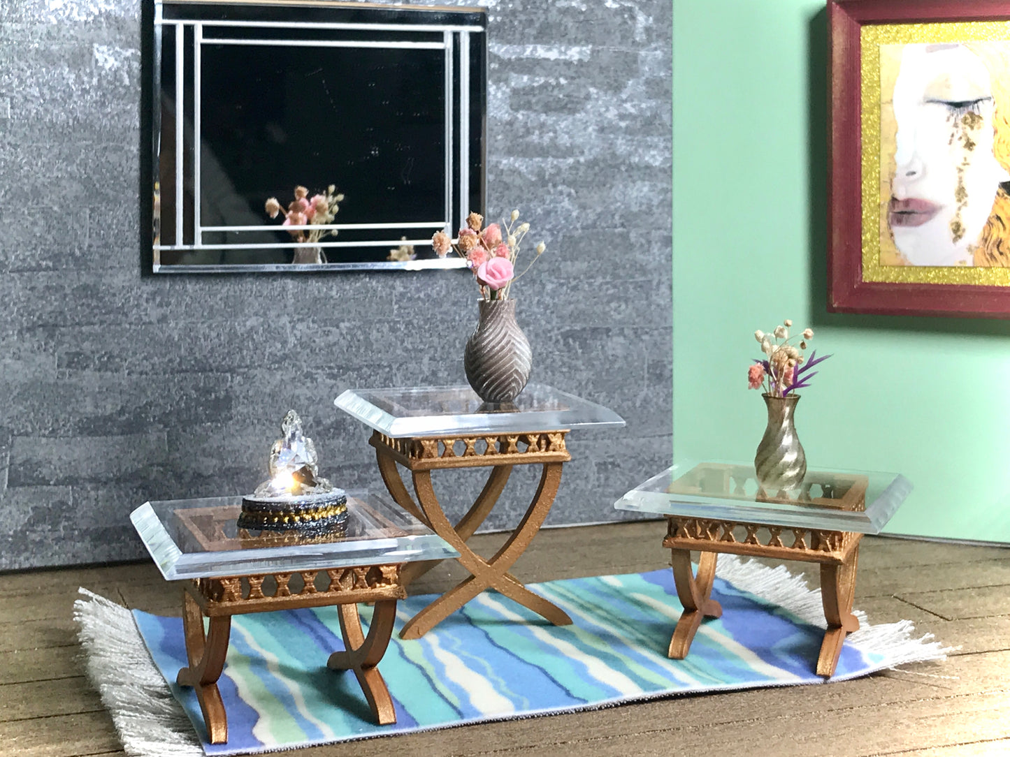 1:12 Dollhouse cane rattan side table set (3) beveled glass effect top