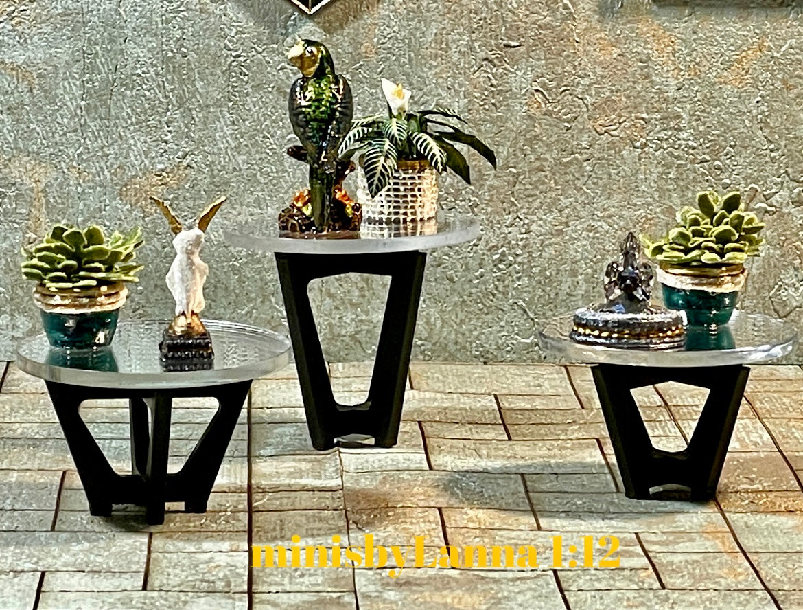 1:12 Dollhouse mid Century wooden Art Deco black side table set (3) top mirrored