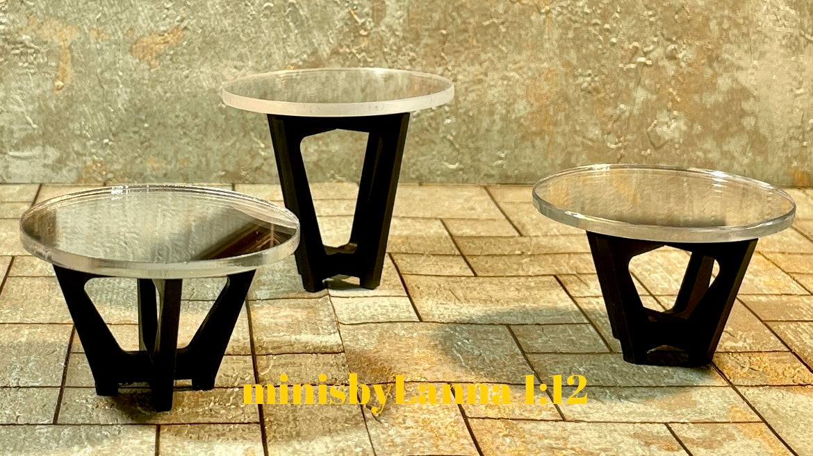 1:12 Dollhouse mid Century wooden Art Deco black side table set (3) top mirrored