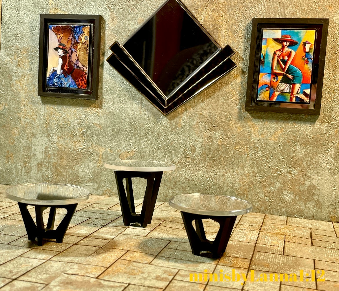 1:12 Dollhouse mid Century wooden Art Deco black side table set (3) top mirrored