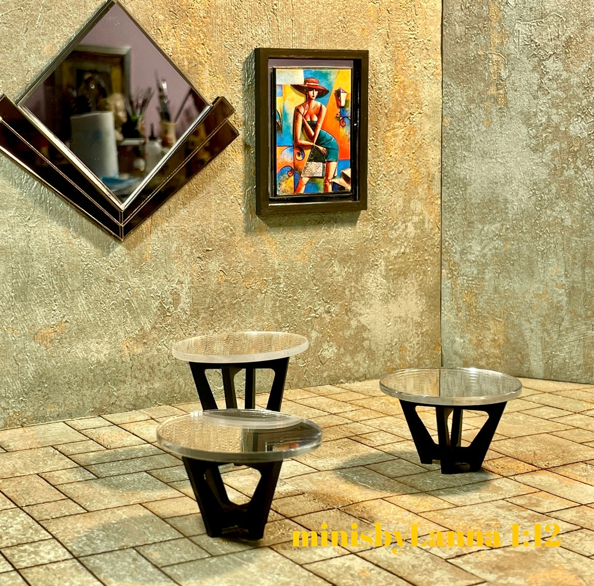 1:12 Dollhouse mid Century wooden Art Deco black side table set (3) top mirrored