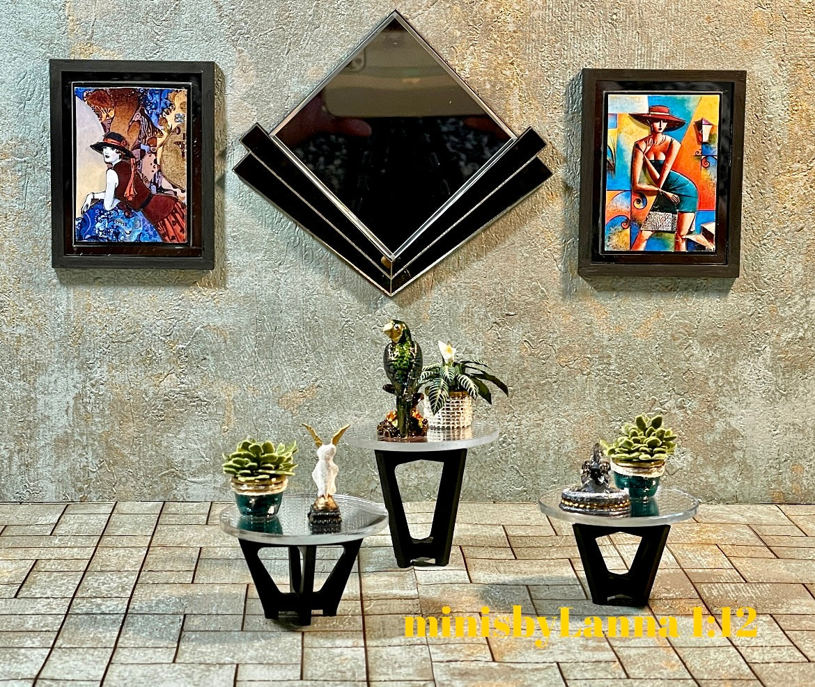 1:12 Dollhouse mid Century wooden Art Deco black side table set (3) top mirrored