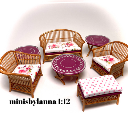 1:12 Dollhouse cane rattan side table set (3) purple etched mirror round tops