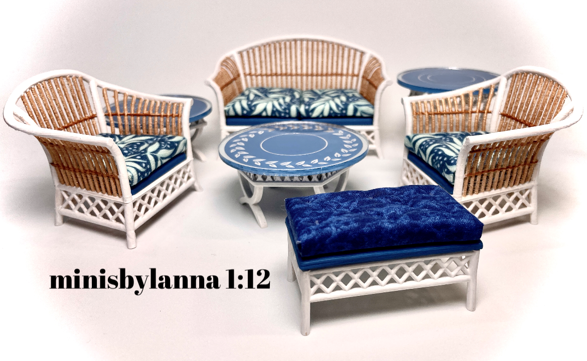 1:12 Dollhouse cane rattan pearl side table set (3) Victorian blue etched mirror round tops