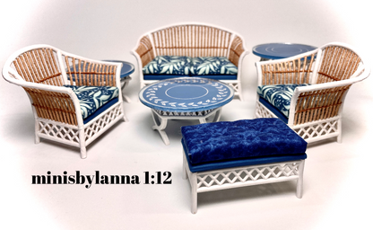 1:12 Dollhouse cane rattan pearl side table set (3) Victorian blue etched mirror round tops