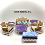 1:12 Dollhouse miniature cane rattan white armchair and stool spring 23