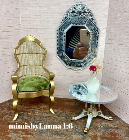1:6 Dollhouse miniature Victorian rattan velvet light green chair