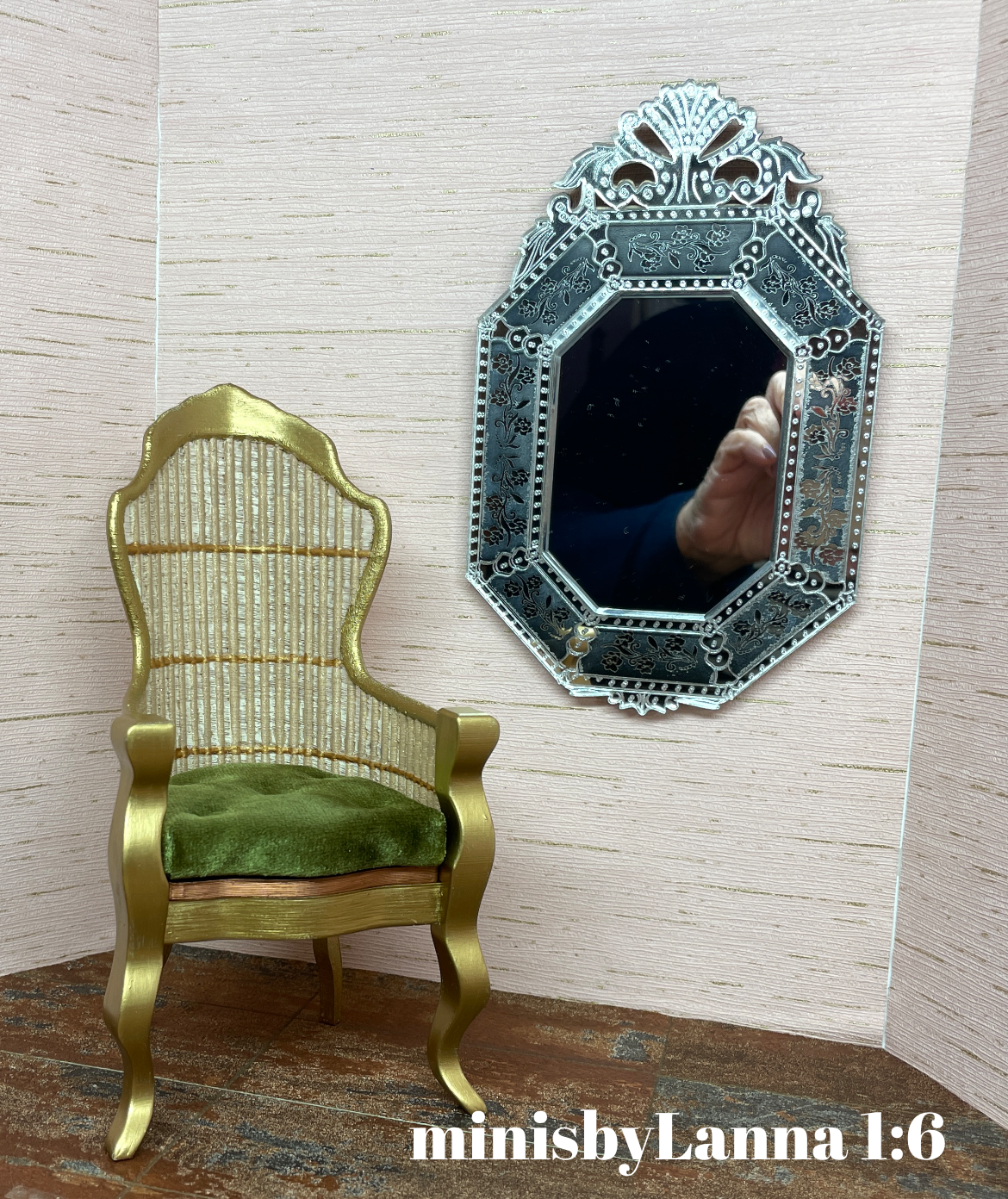 1:6 Dollhouse miniature Victorian rattan velvet light green chair