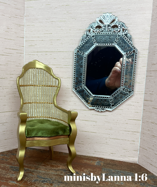 1:6 Dollhouse miniature Victorian rattan velvet light green chair