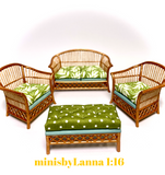 1:16 Dollhouse cane rattan living room set sofa armchairs tropical green - Lundby scale
