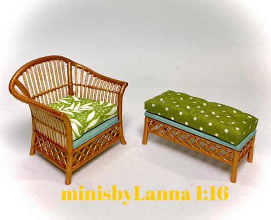 1:16 Dollhouse cane rattan armchair and stool tropical green - Lundby scale