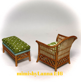 1:16 Dollhouse cane rattan armchair and stool tropical green - Lundby scale