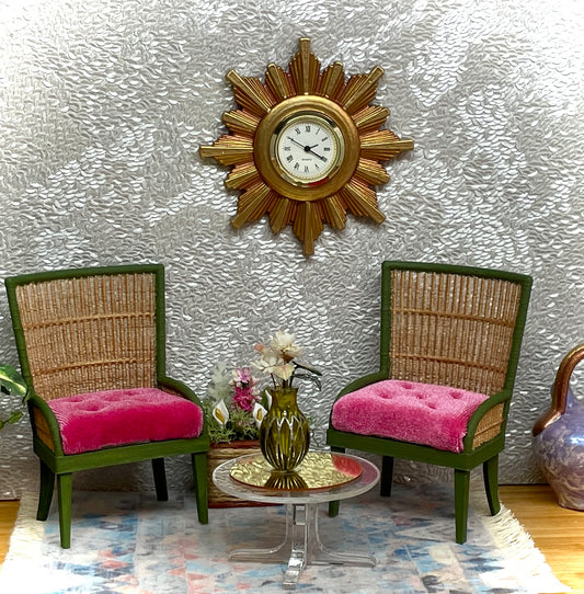 1:12 Dollhouse miniature pair of armchairs Art Deco rattan dark green