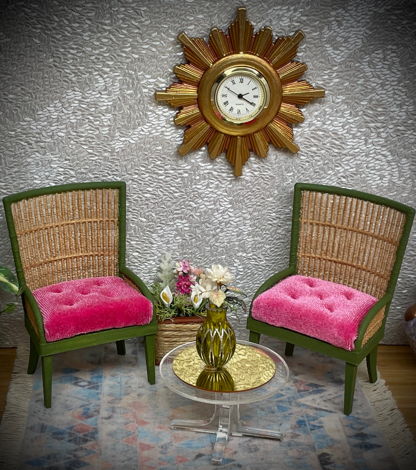 1:12 Dollhouse miniature pair of armchairs Art Deco rattan dark green