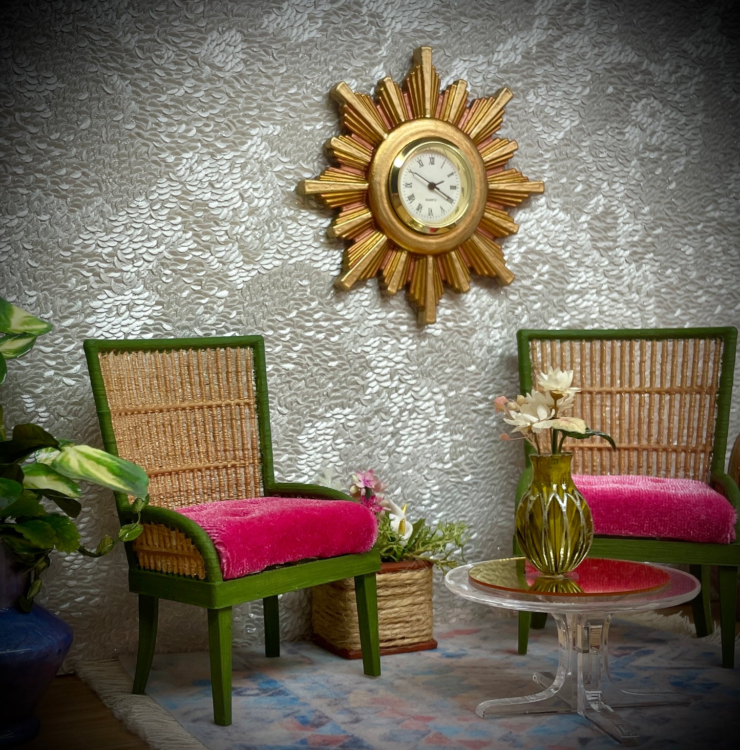 1:12 Dollhouse miniature pair of armchairs Art Deco rattan dark green