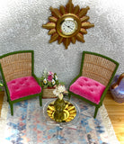 1:12 Dollhouse miniature pair of armchairs Art Deco rattan dark green