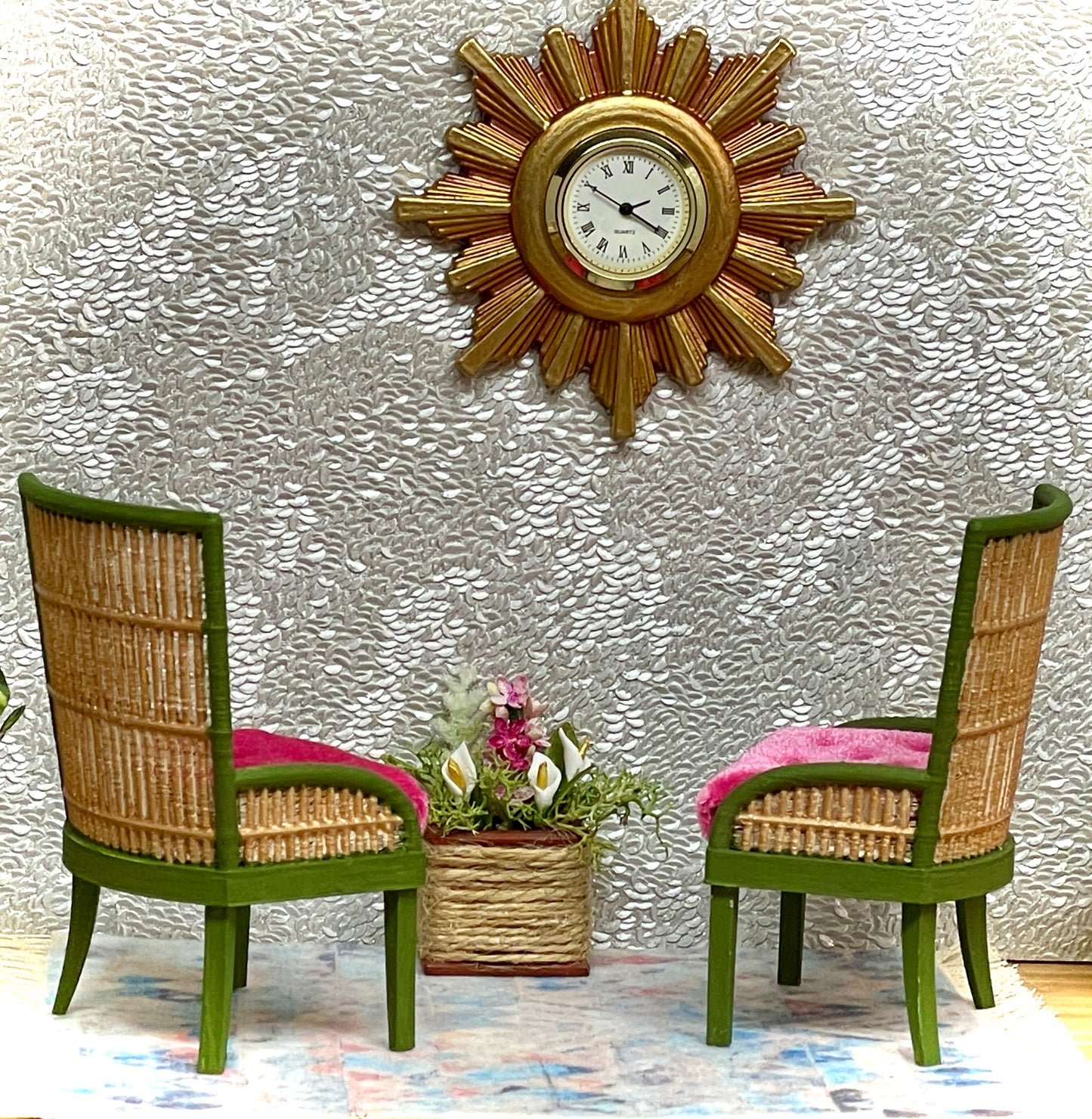 1:12 Dollhouse miniature pair of armchairs Art Deco rattan dark green