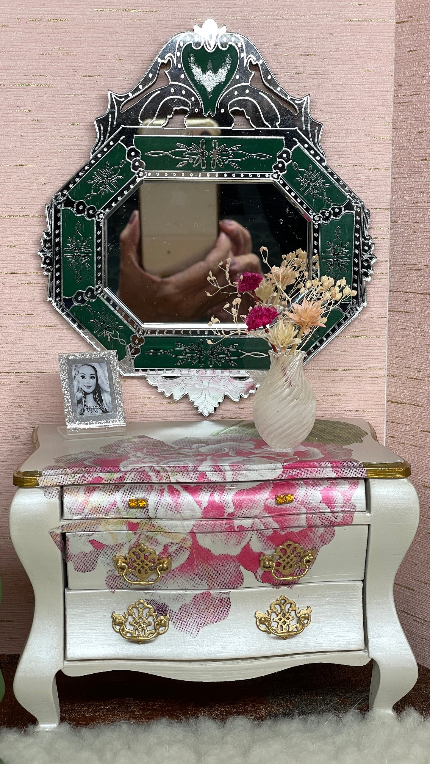 1:6 Dollhouse miniature Venetian classic large beveled green wall mirror
