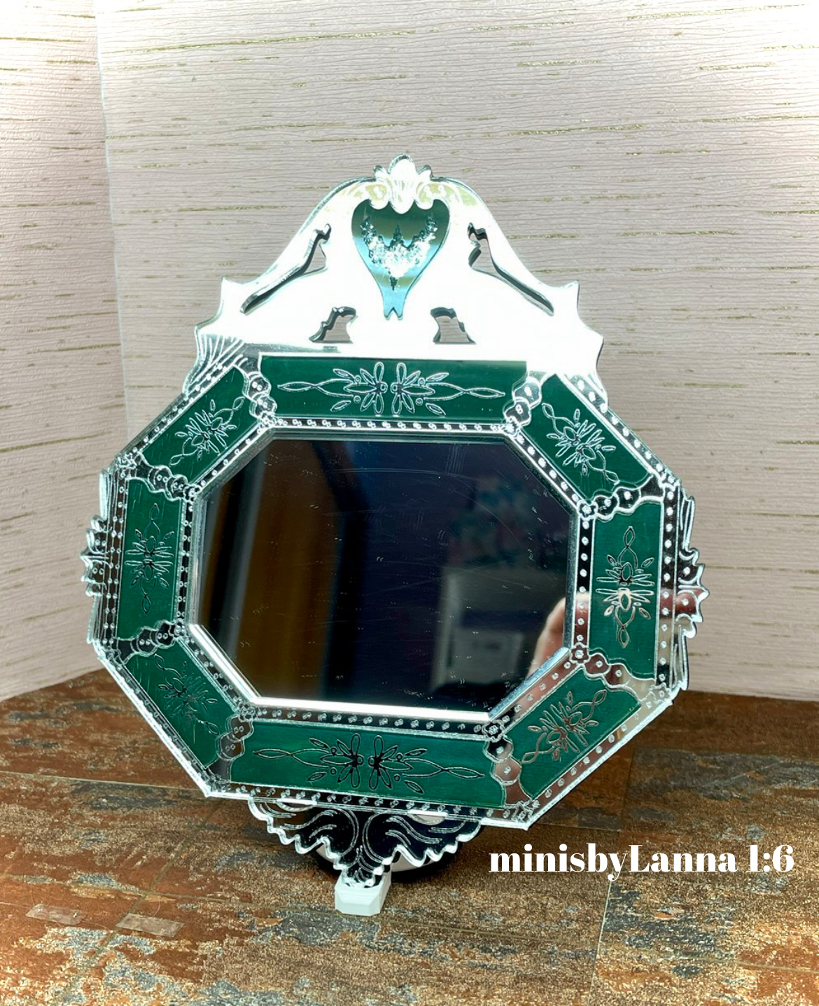 1:6 Dollhouse miniature Venetian classic large beveled green wall mirror