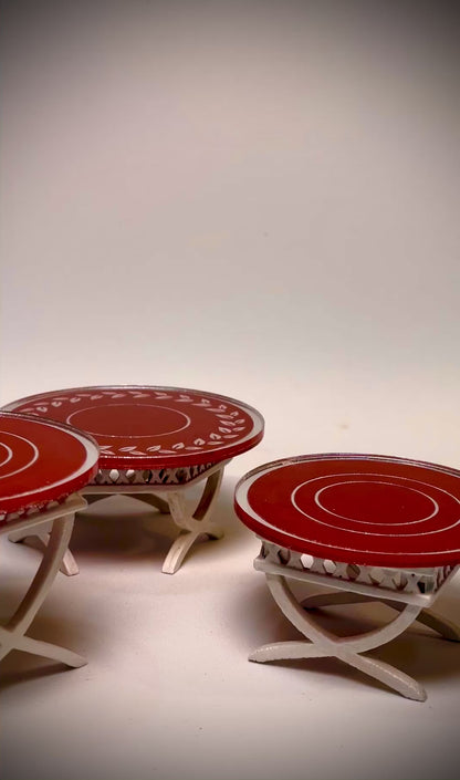 1:12 Dollhouse pearl  cane rattan side table set (3) magenta etched mirror round tops