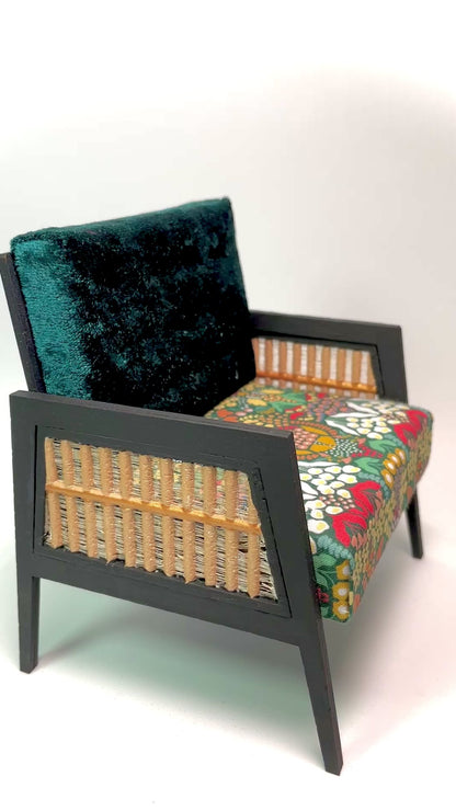 1:6 Dollhouse miniature wooden Art Deco rattan armchair velvet spring green
