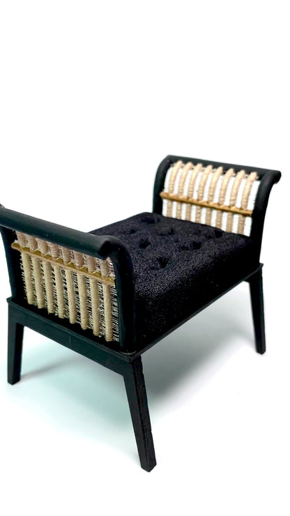 1:6 Dollhouse miniature wooden Art Deco rattan stool black velvet