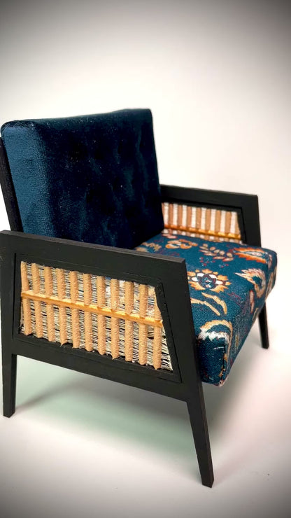 1:6 Dollhouse miniature wooden Art Deco rattan armchair orange and velvet deep blue