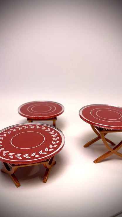 1:12 Dollhouse cane rattan side table set (3) magenta etched mirror round tops