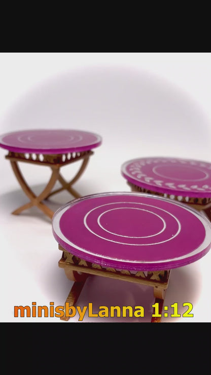 1:12 Dollhouse cane rattan side table set (3) purple etched mirror round tops