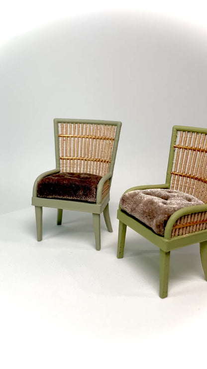 1:12 Dollhouse miniature pair of armchairs Art Deco rattan large light green brown cushion
